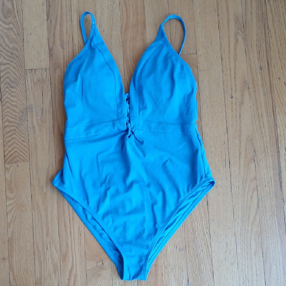 Jessica Simpson Blue One Piece Swimsuit with Plunging V-Neckline
